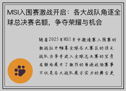 MSI入围赛激战开启：各大战队角逐全球总决赛名额，争夺荣耀与机会