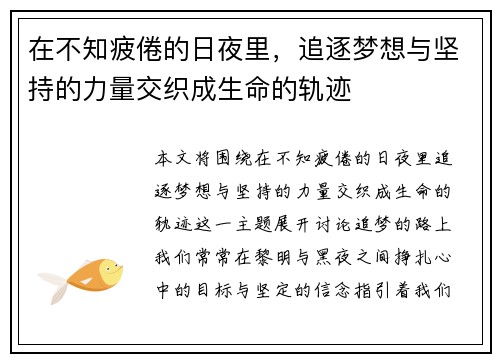 在不知疲倦的日夜里，追逐梦想与坚持的力量交织成生命的轨迹